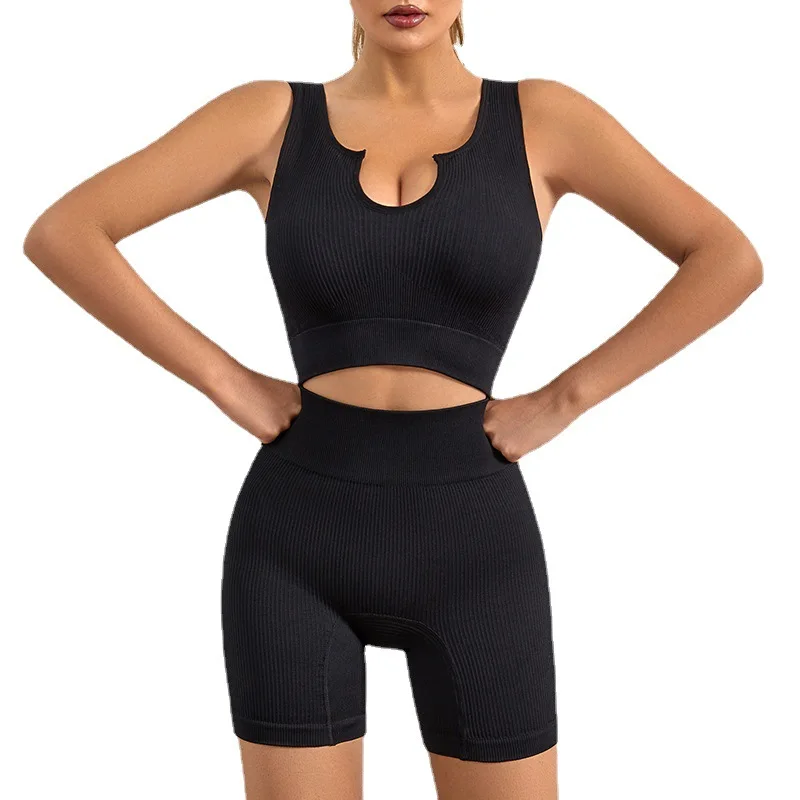 

Seamless Yoga Set Fitness Sport Bra High Waist Shorts Legging Ribbed Knitted Workout Outfits Sportswear Suits Women Gym Clothes