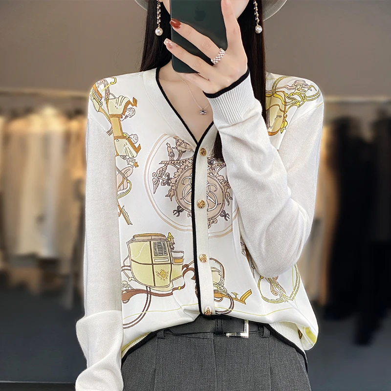 

Vintage European Women's Printed Knitted Wool Cardigan Women's Long Sleeve Sweater Women's Panel Printed Knitted Sweater Top
