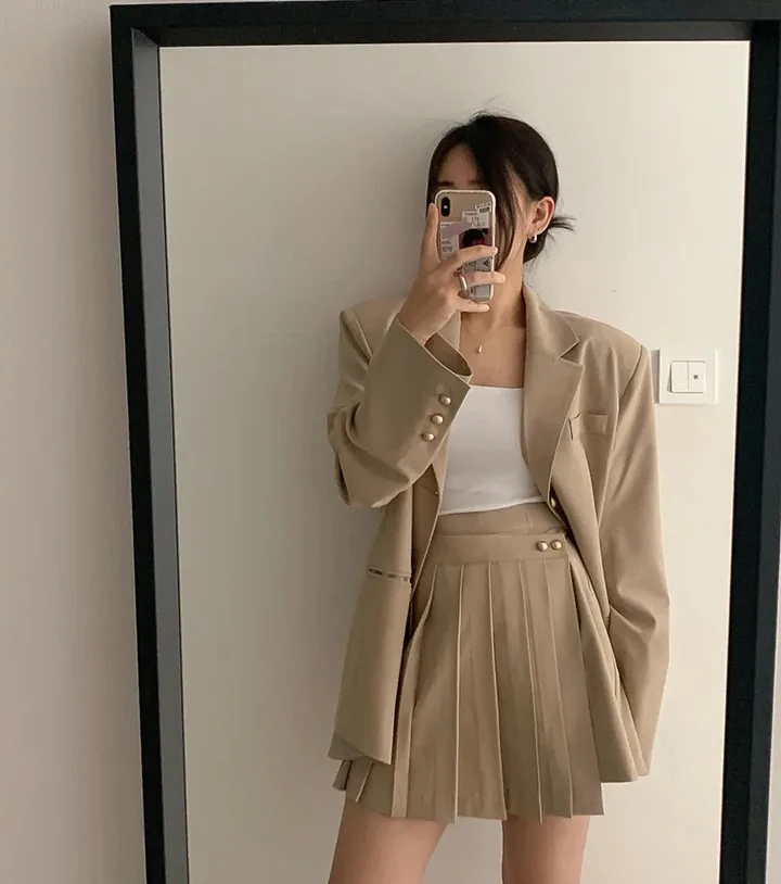 Korean Chic Two-piece Skirt Set Women Single Breasted Blazer Loose Jacket Solid Pleated Mini Skirt Autumn Office Lady Outfits