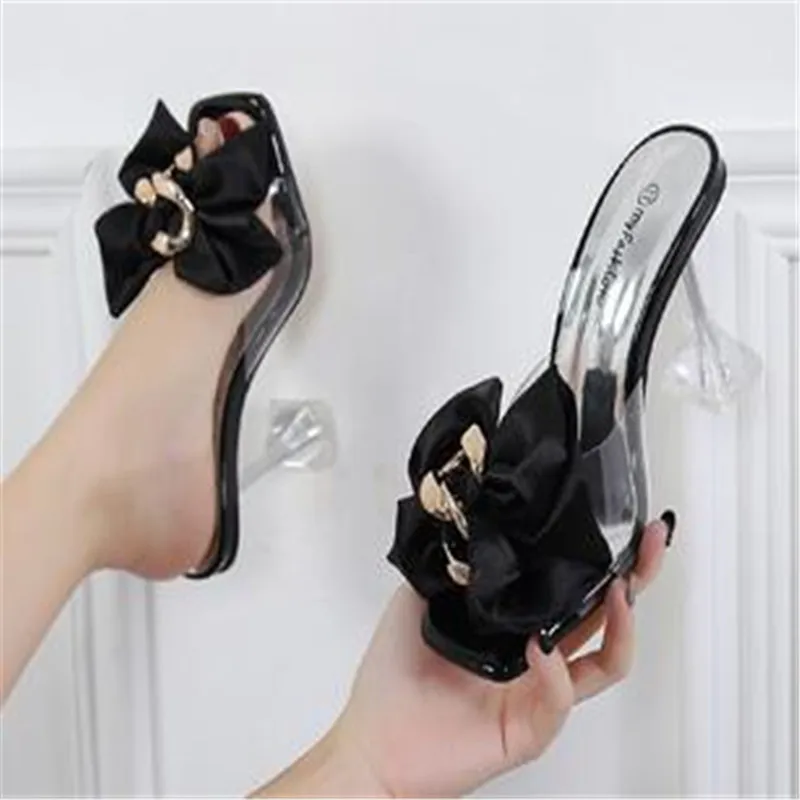 Transparent Slippers For Women 2023 Summer Fashion Pink Butterfly-knot Designer Sandals Clear Heels Size 46 Female Shoes