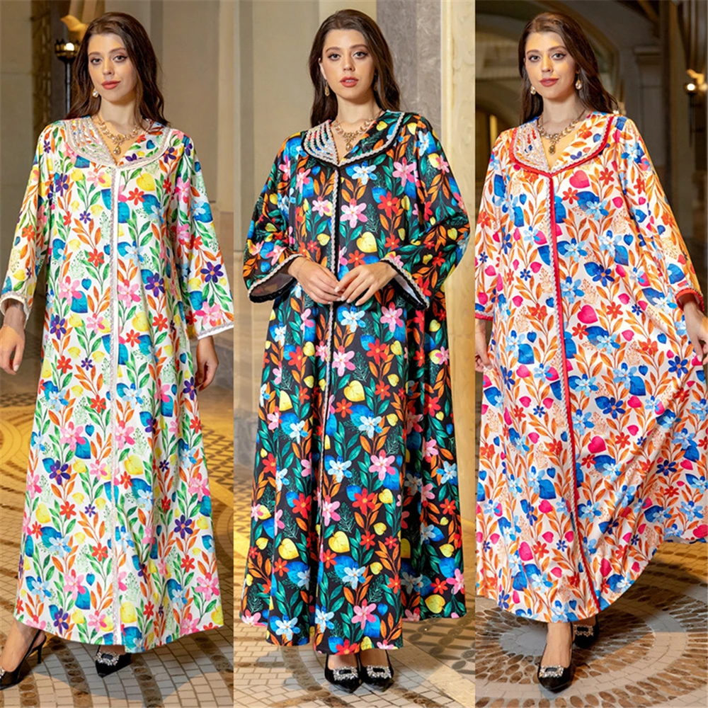 

Eid Party Diamonds Elegant Floral Print Abayas for Women Muslim Maxi Dress Turkey Dubai Kaftan Arab Gown Evening Morocco Vestido