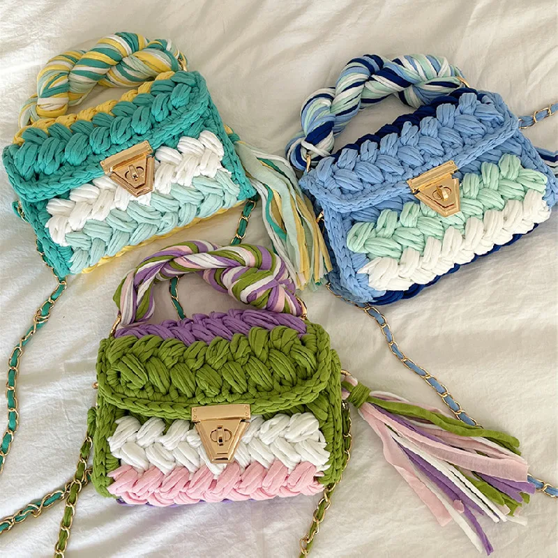 New Handmade Woven Women's Crossbody Bags Thread Hook Knitted Shoulder Bag Colorful Strip Chains Bags for Women Small Purses