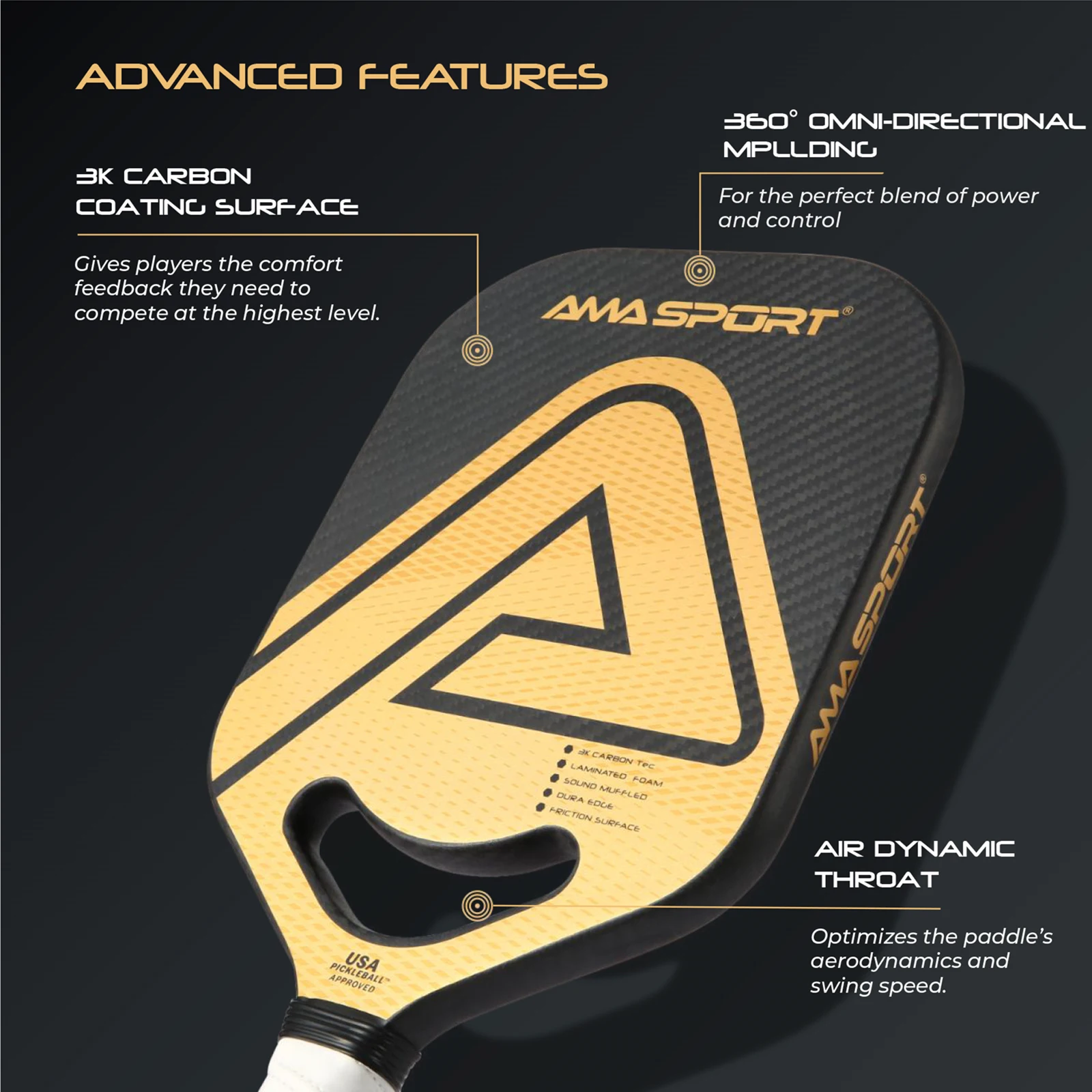AMA SPORT Pickleball Paddle USAPA Approved Shovels Carbon PP Honeycomb Core for Aggressive and Controlled Drives