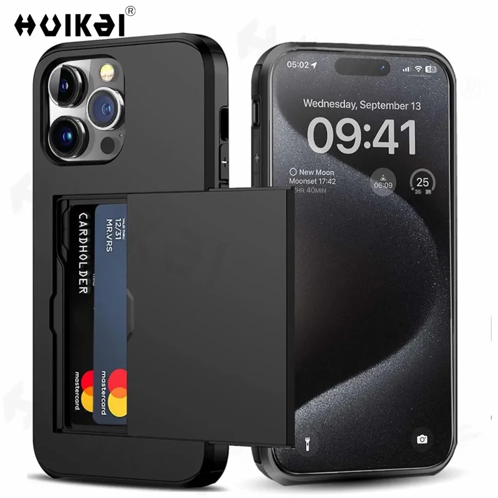 Custodia Per Iphone 15 Pro Max 15 Plus 14 Pro 13 12 11 Xs Xr Portafoglio Porta Carte Slide Slot Slim Hard Pc Heavy Duty Cover Protettive