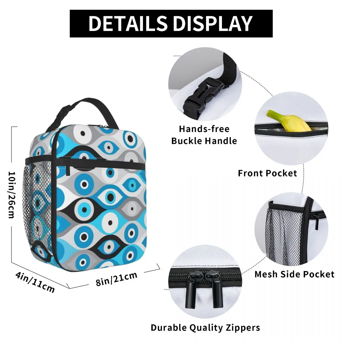Greek Evil Eye Pattern Blues And Greys Insulated Lunch Tote Bag Nazar Amulet Boho Portable Thermal Cooler Food Lunch Box School