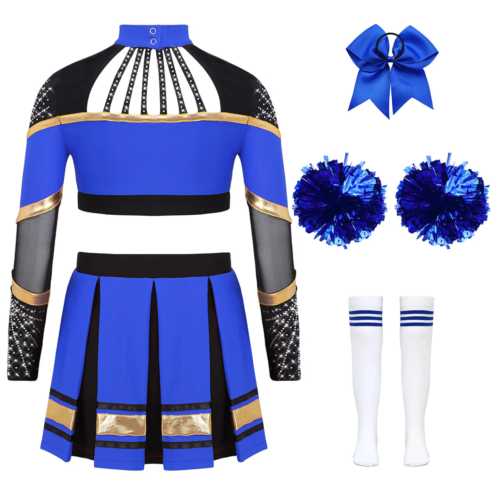 Cheerleader-Kostüm für Kinder, Mädchen, Cheerleading-Uniform, Tanz-Outfits, langärmeliges, transparentes Mesh-Crop-Top mit Strasssteinen und Faltenrock – Detail 21