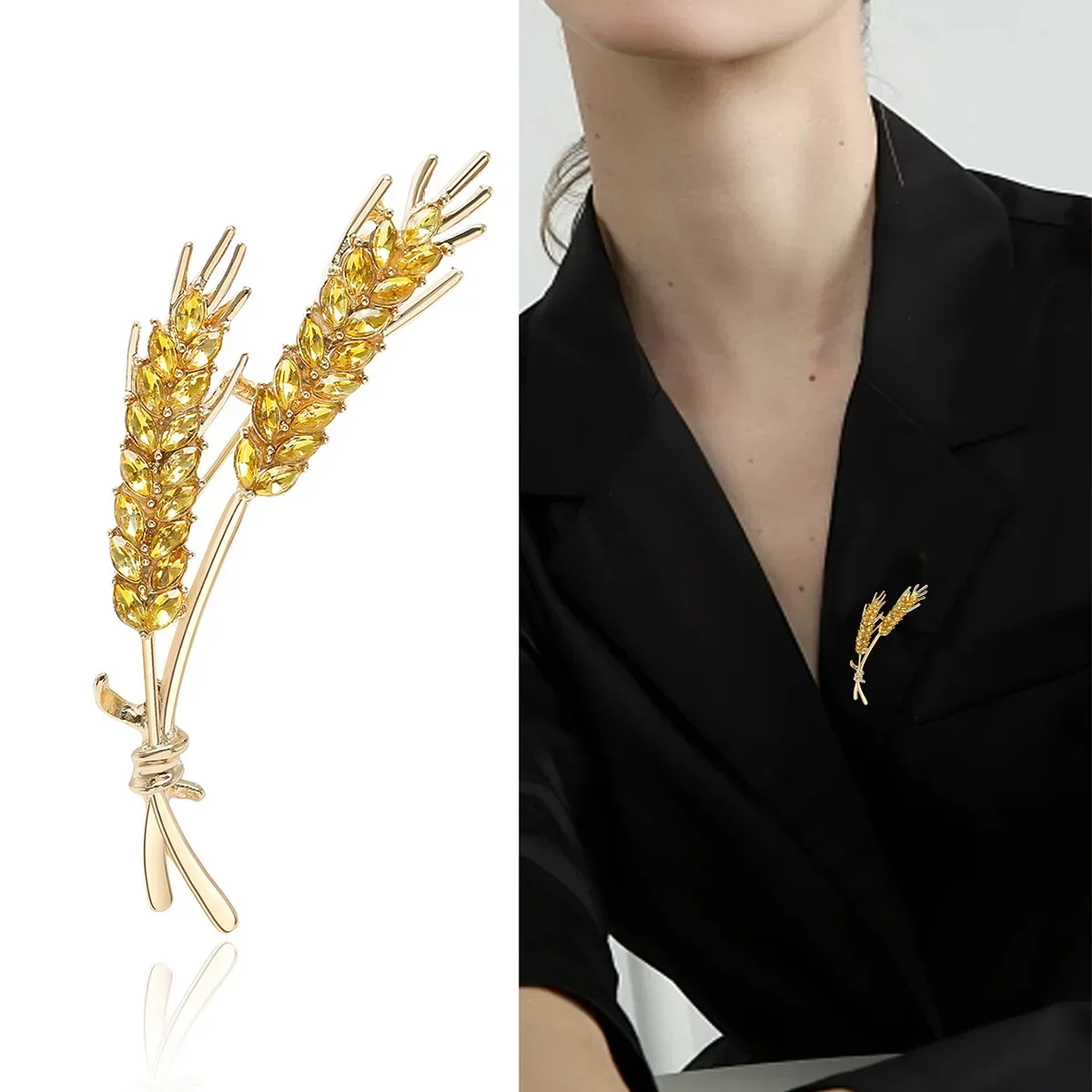 Trendy Ear of Wheat Brooches for Women Rhinestone Blue and Yellow Plant Pins Jewelry Rhinestone Badge Delicate Gift Accessories