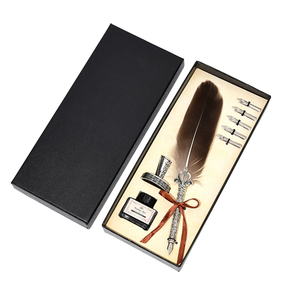 Vintage Calligraphy Feather Dip Pen Set with Ink - Creative Retro Writing Stationery