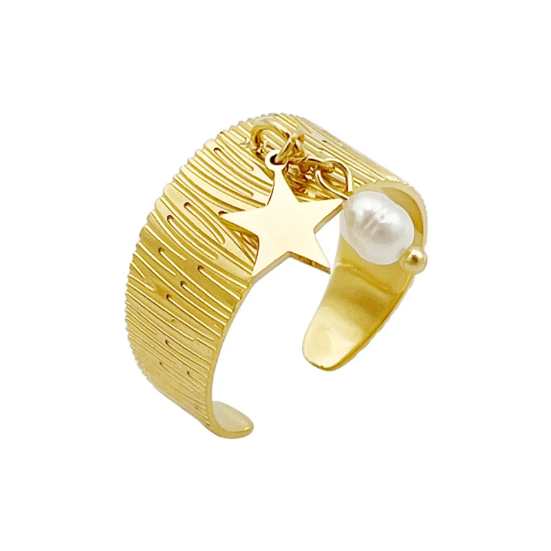 Vintage Star Pearl Pendant Stainless Steel Open Ring 14K Golden Plated Men And Women's Accessories 1pc