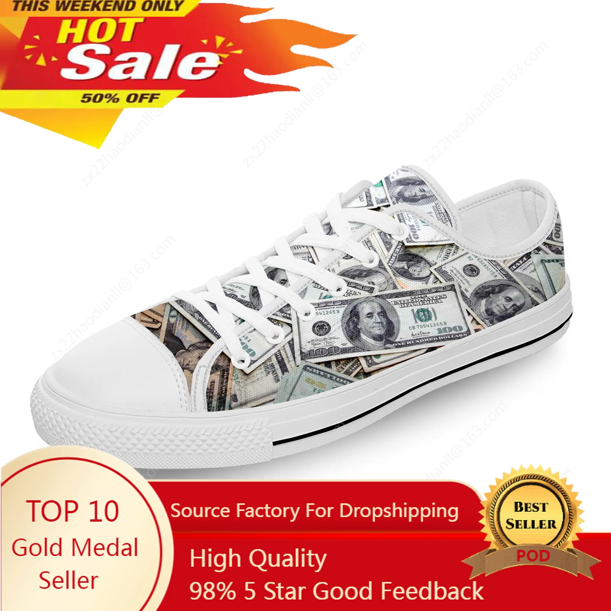 

Gothic Dollar Dollars Money Anime White Cloth Fashion 3D Print Low Top Canvas Shoes Men Women Lightweight Breathable Sneakers