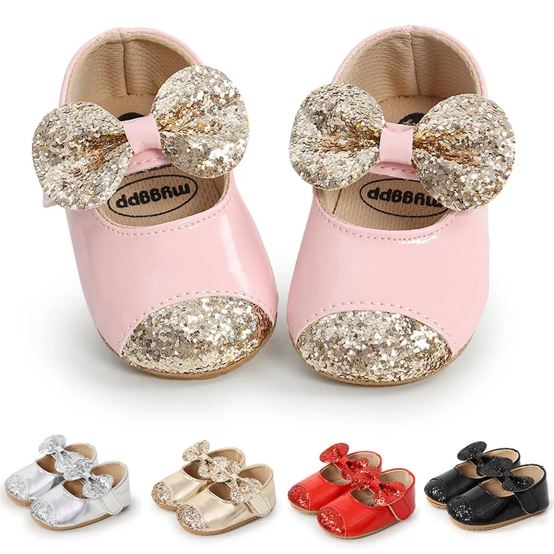 FOCUSNORM 0-18M Baby Girls Boys Princess Shoes Sequins Bowknot Walking Shoes Footwear Prewalker for Infant Girls