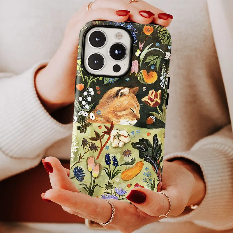 Floral Cat Pattern Dual-Layer Protective Phone Case