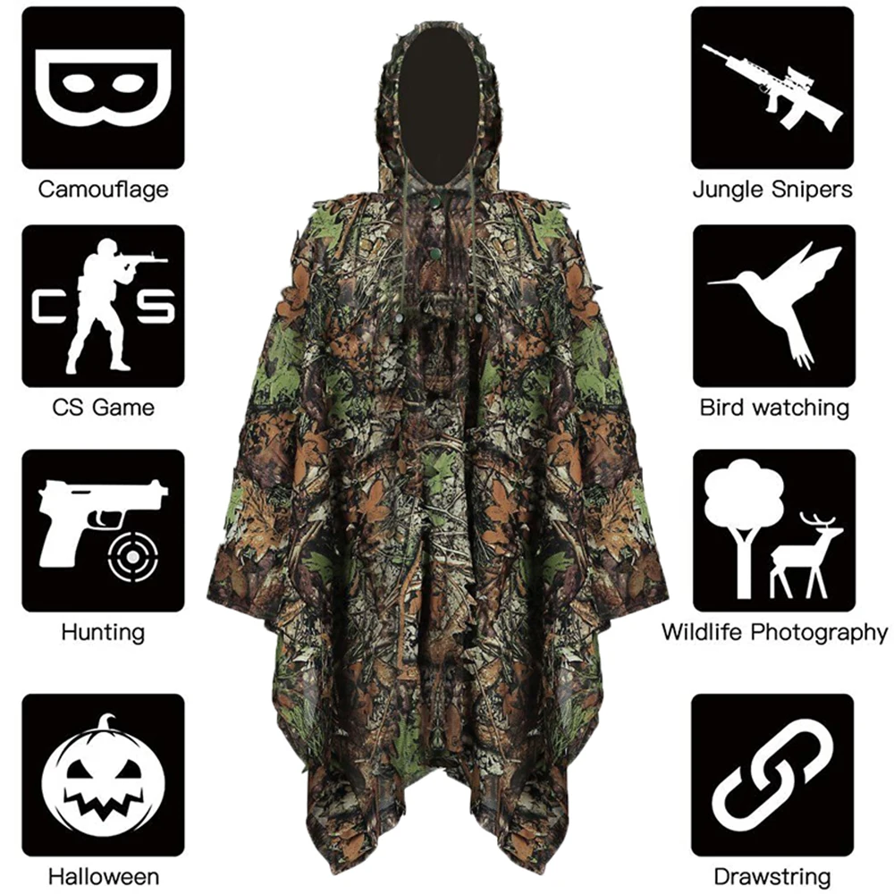 3D Leaves Camouflage Poncho Cloak Stealth Suits Outdoor Woodland CS Game Clothing for Hunting Shooting Birdwatching Set