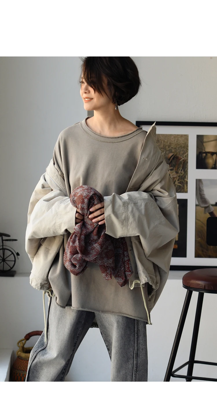 R17800 Artistic and Simple Style, Mid-Length, Loose Fit, Oversized Pure Cotton Spring Pullover Sweatshirt for Women