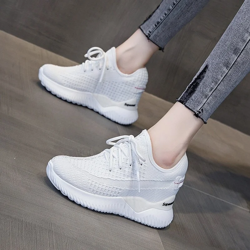 New Spring Autumn Gray White Women Shoes Increase 8CM Knitted Women Vulcanized Shoes Mesh Cloth Thick Bottom Casual Sneakers