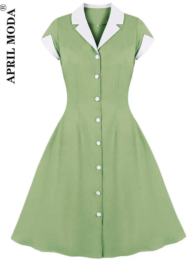 

Patchwork Single-breasted Shirt Retro Dresses Vintage Party Sundress Turn Down Collar Cotton Knee-Length Pinup 1950s Style Dress