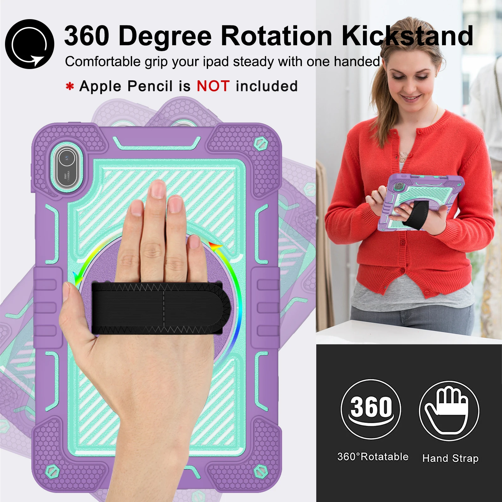 Enhanced Stand Armor Case with 360° Rotatable Hybrid Cover and Shoulder Strap - Shockproof Silicone+PC Design