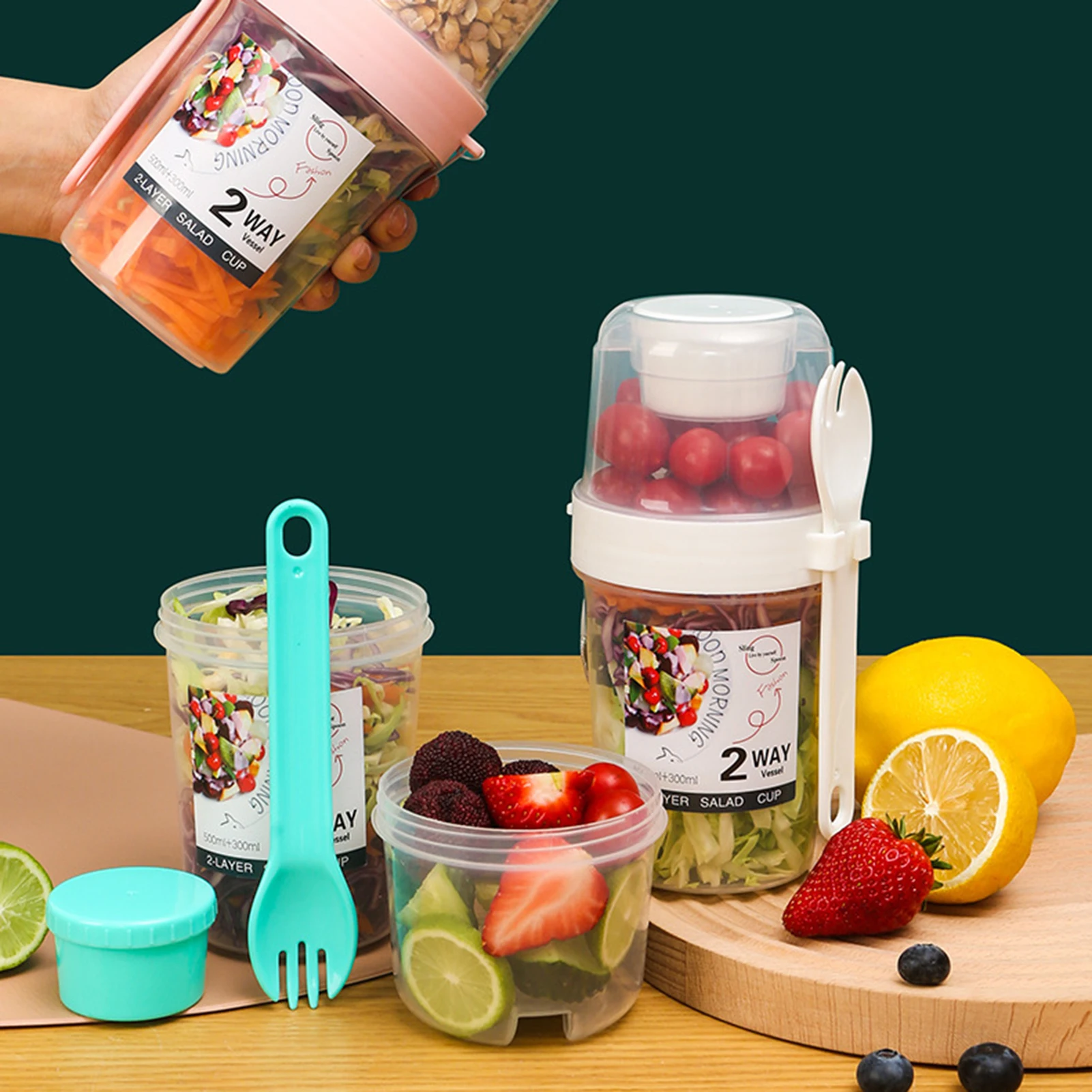 

Two-Layers Breakfast Oatmeal Cereal Nut Yogurt Salad Seal Cup Portable Container Set With Fork Cup Lid Bento Food Bowl Lunch Box