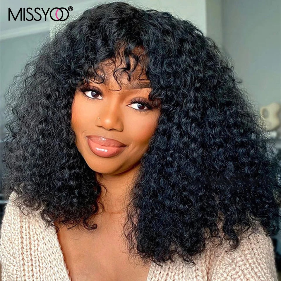 

Kinky Bob Curly Wig With Bangs Full Machine Made Scalp Top Wig For Women 180% Density Brazilian Remy Short Curly Human Hair Wigs