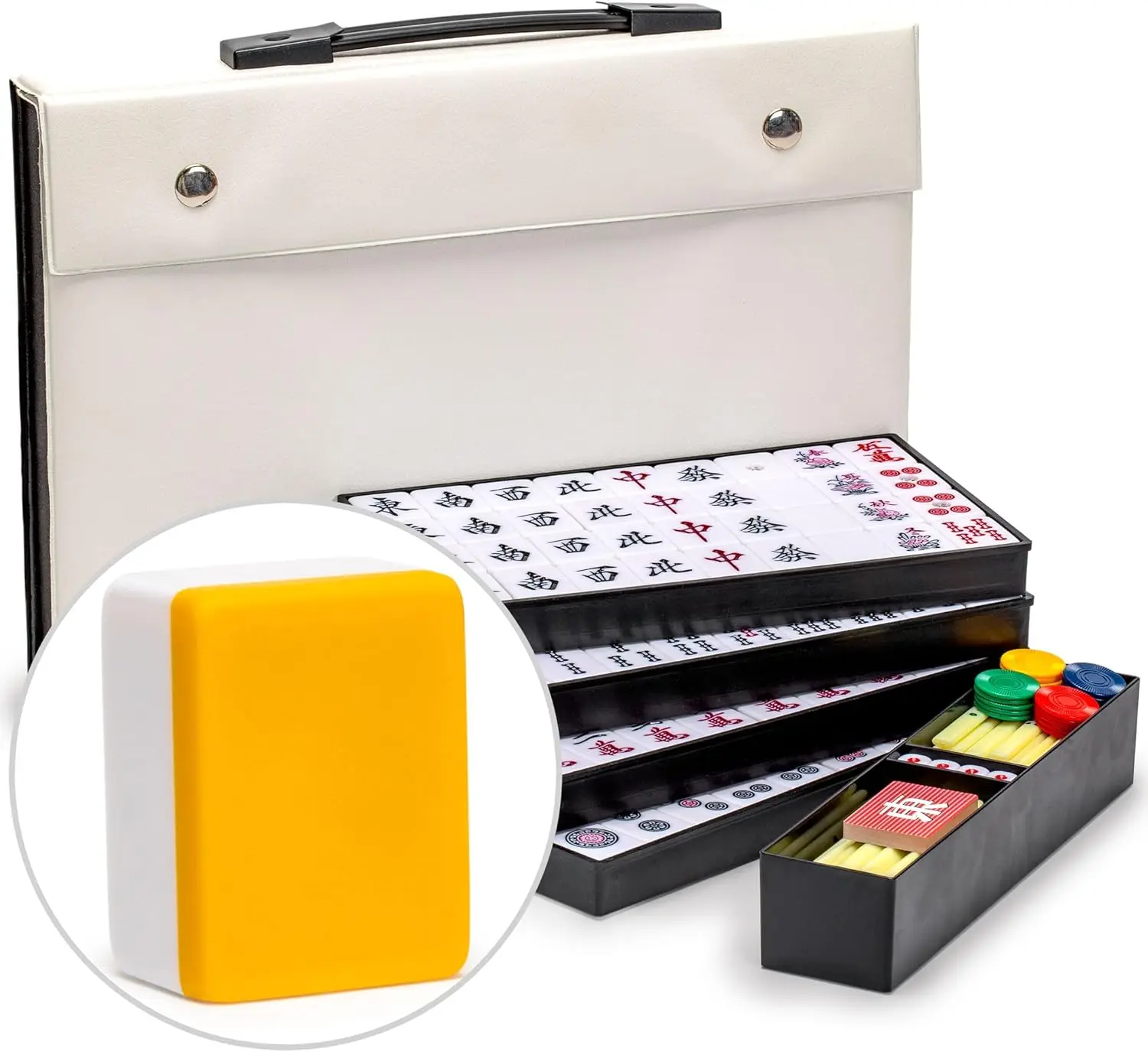 

Japanese Riichi Mahjong Set - White and Yellow Large Size Tiles and Vinyl Case - with East Wind Tile, Set of Scoring Sticks, and