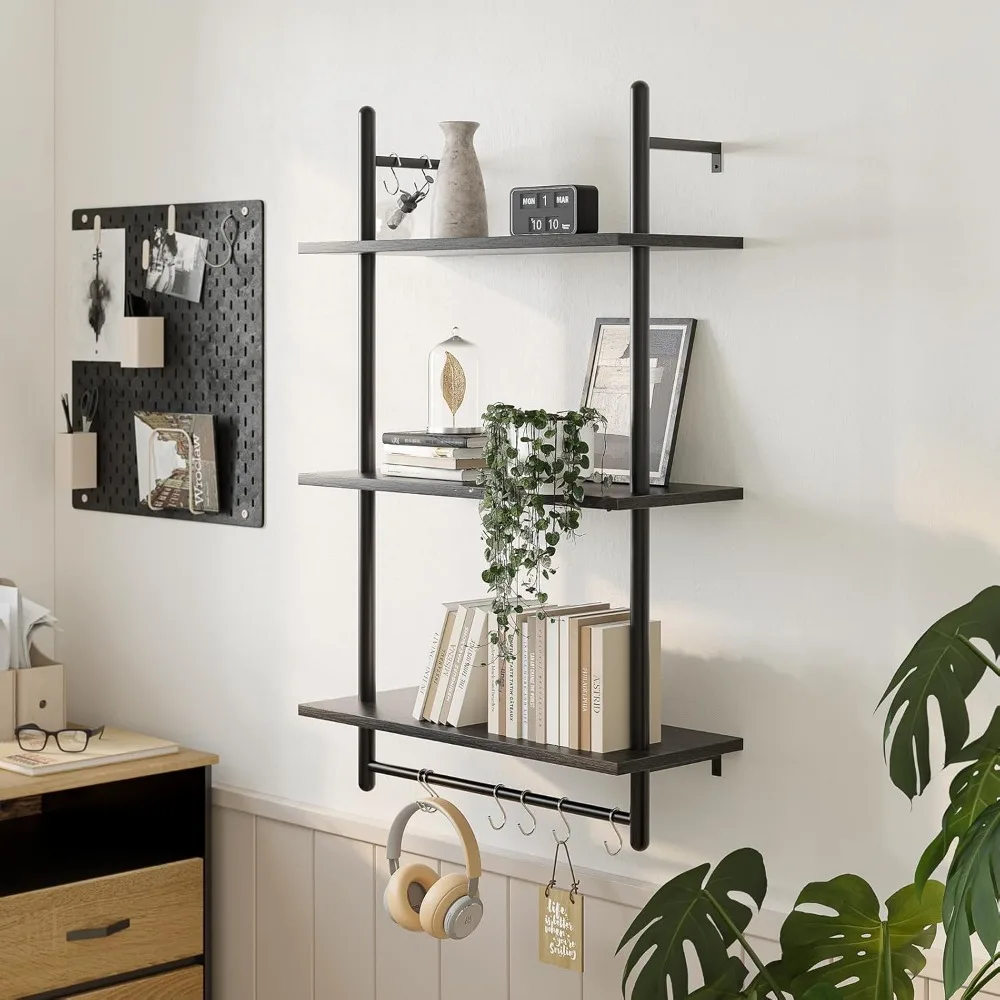 Floating Shelves for Wall, 23.6" Wall Mounted Kitchen Shelves with Towel Rack Over Toilet, Pipe Shelving Wall Decor