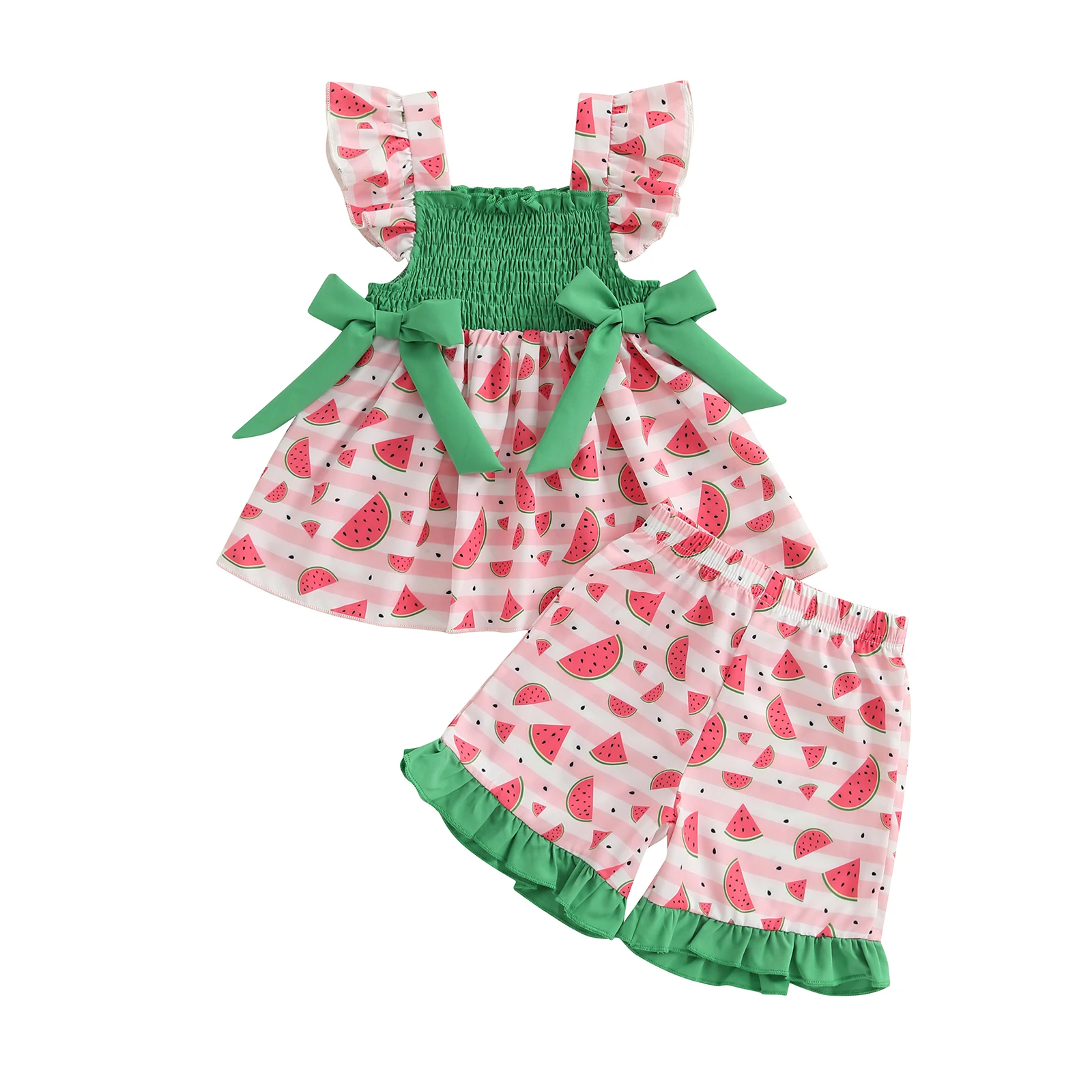 Baby Girls Summer Outfits Watermelon Cherry Print Fly Sleeve Tops and Elastic Shorts Set Fashion Cute Clothes