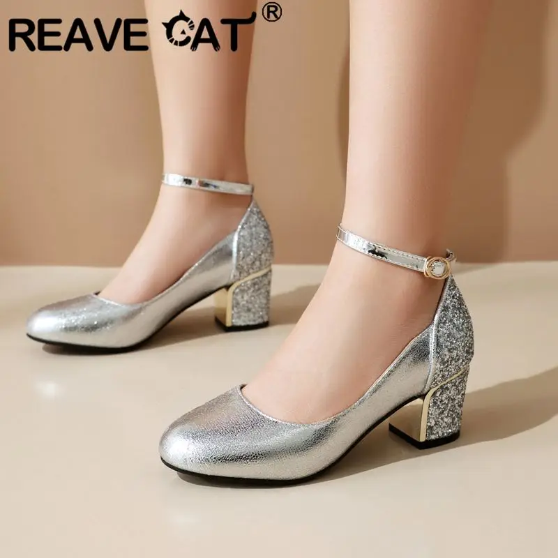 

REAVE CAT Women Strap Pumps Wedding Shoes Sequin Glitter Rhinestone Buckle Block Heel Party Dress Gold Silver 32 33 43 Chaussure