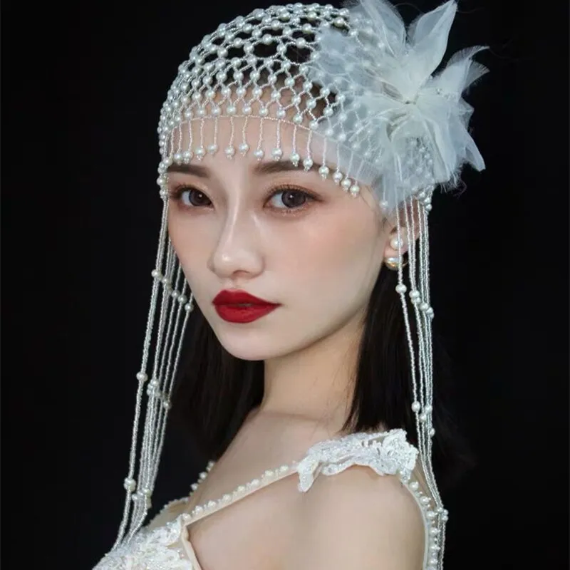 Tassel Pearl Hat Beaded Headpiece Tassel Hat Silver Hat Headdress