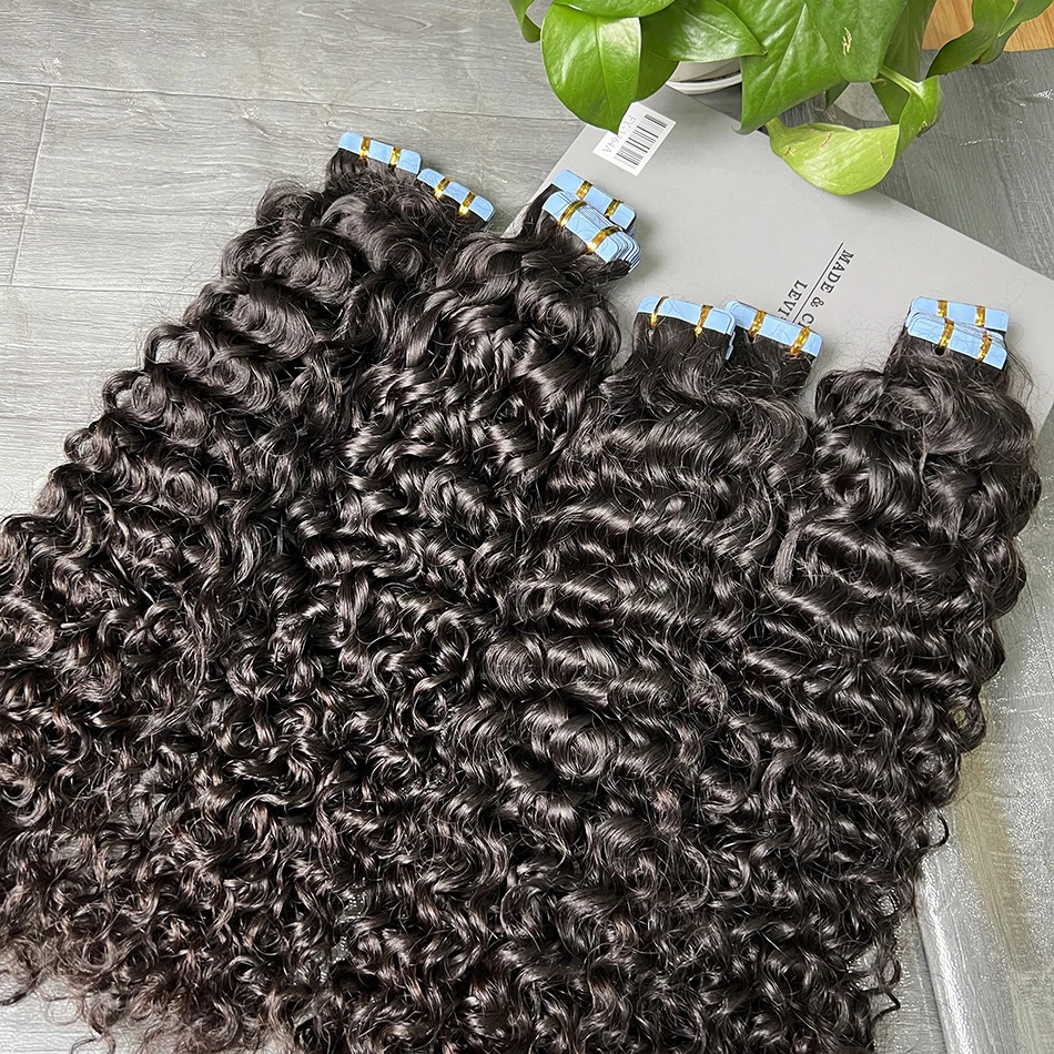 PU Tape In Hair Extensions Deep Curly Human Hair 4x0.8 cm Seamless Weft Hand Tied Adhesives Tape-Ins 100grams Wavy Virgin Hair 3