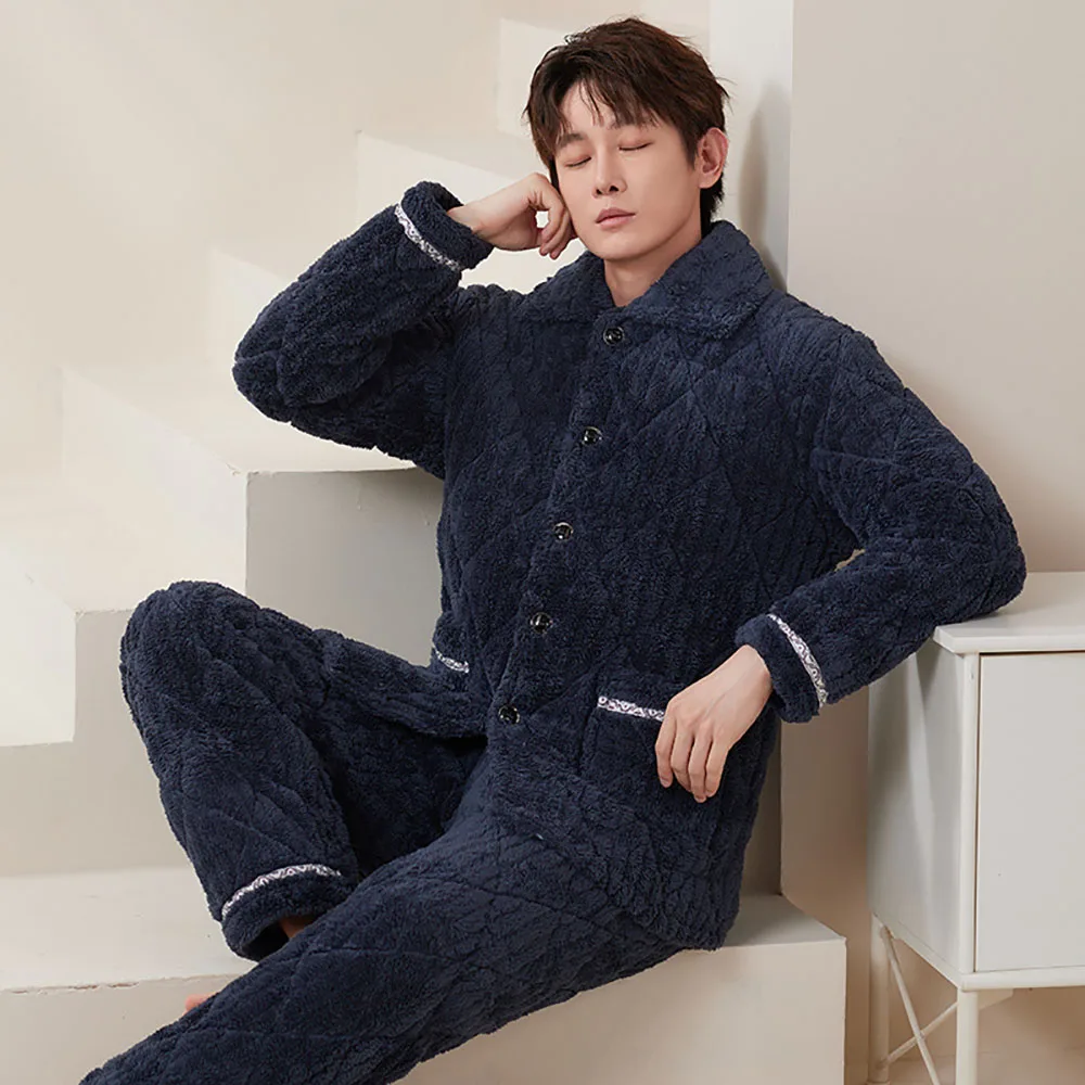 Men's 3-Layer Super Thicken Plush Winter Pajama Set Warm Flannel Sleepwear Suit Leisure Comfortable Solid Pijama Hombre Invierno