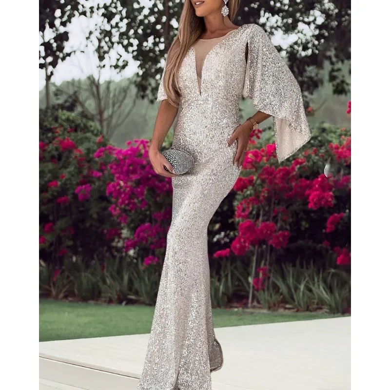 

Elegant Y2K Chic Batwing Long Sleeve O Neck High Waist Corset Mermaid Evening Dress Prom Gown Sequins Party Dress for Women