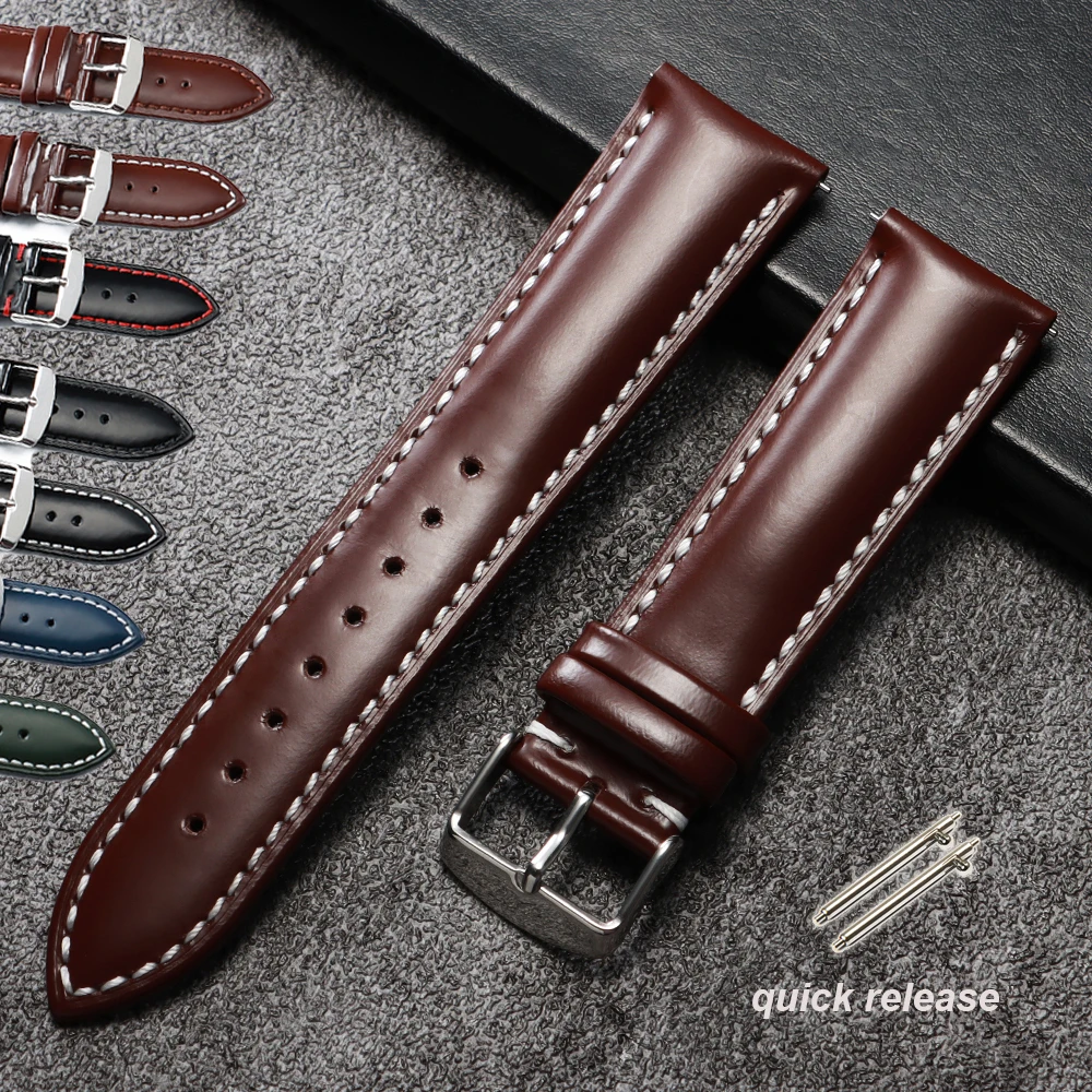 Vintage Polished Cowhide Quick Release Stitching Watch Strap, 20-22mm Universal Wristband