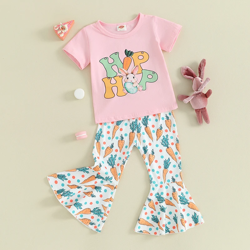 FOCUSNORM Toddler Kids Girls Easter Clothes Sets 0-5Y Letters Rabbit Print Short Sleeve T-shirt with Carrot Flare Pants