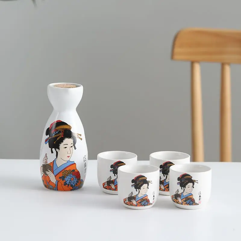 Ceramic Sake Set with Bottle Carafe (5 oz) 4 Cups (1.6 oz) Hand Painted Design Porcelain Pottery Ceramic Cups Crafts Wine Glasse