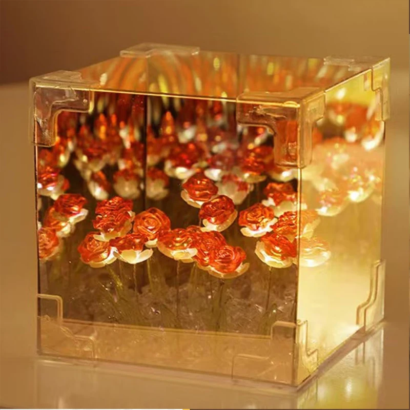 DIY Rose Flower Cube Lamp Simulation Flower Bedroom Sleeping Table Lamp Handmade Mirror Night Light Desktop Decoration Gift