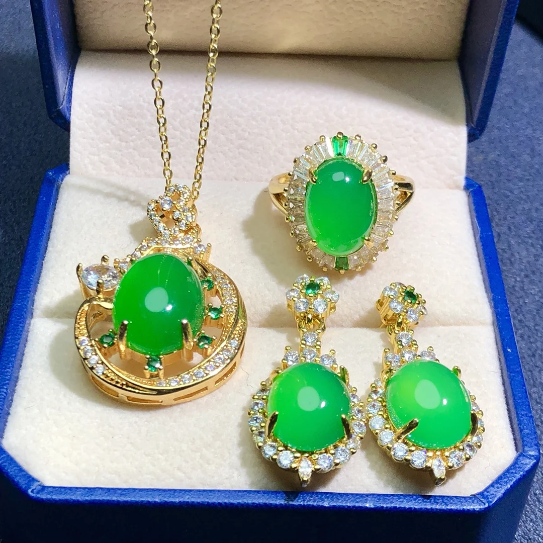 

Natural agate high ice green chalcedony 925 silver plated inlaid ring earrings necklace 3-piece set of women's jewelry pendant