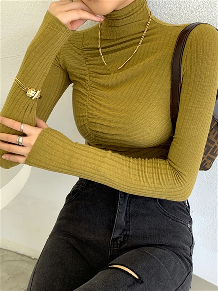 

Осенне-зимние облегающие Женские футболки, новинка 2022, водолазка с длинным рукавом, минималистичные рубашки, модные однотонные базовые Топы для женщин