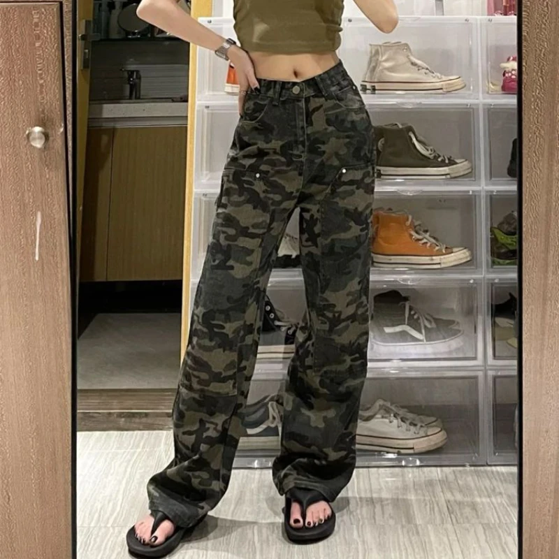 

Retro Camouflage Jeans Women's Spring Autumn High Waist Loose Tooling Streetwear Wide-leg Pants Casual Denim Mopping Trousers