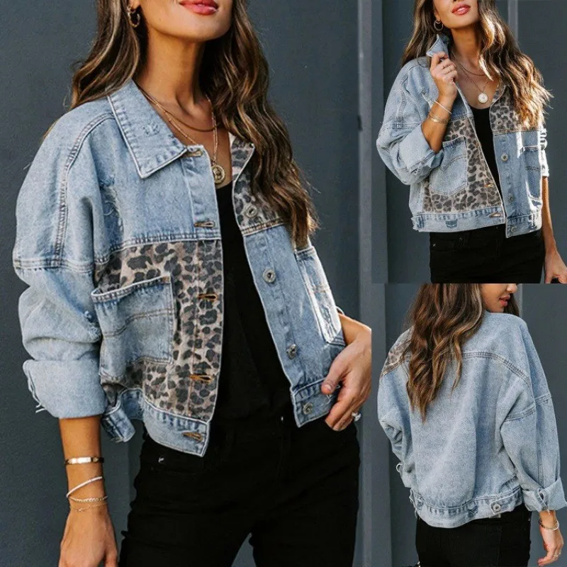 Leopard Stitching Denim Jacket Women Coat Fashion Female Outerwears Long Sleeve Lapel Button Down Chest Pocket Female Tops 2