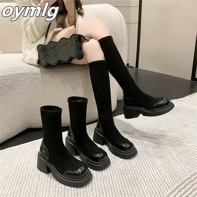 Spot Short Boots Women's 2023 Autumn/Winter New Slim Elastic Boots Breathable Versatile Slim Boots Thick Heel Long Boots Women