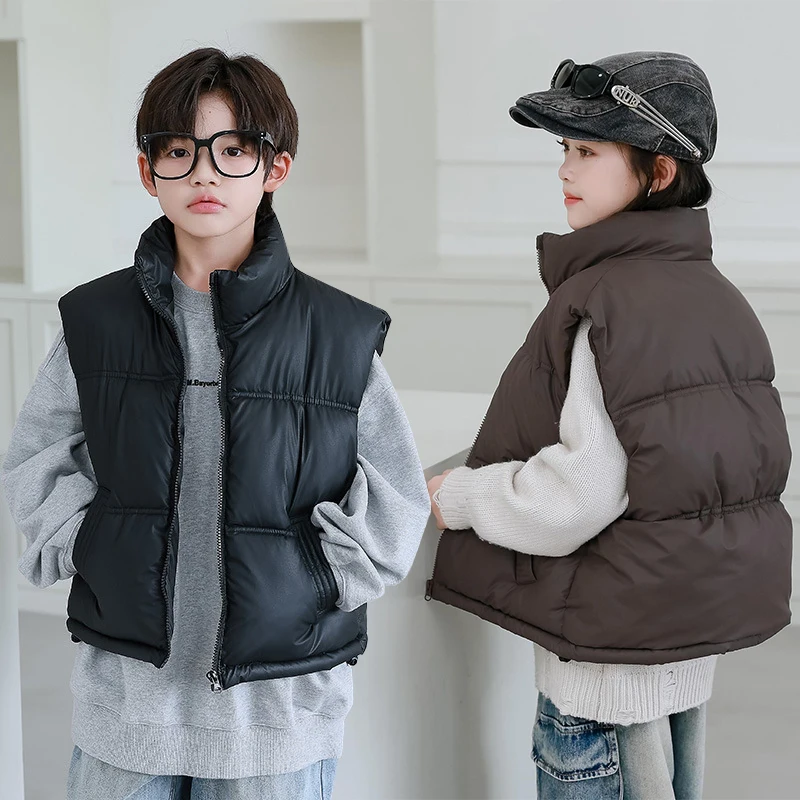 어린이 겨울용 면 조끼 2-12세 여아용 두꺼운 따뜻한 스탠드 칼라 민소매 재킷..