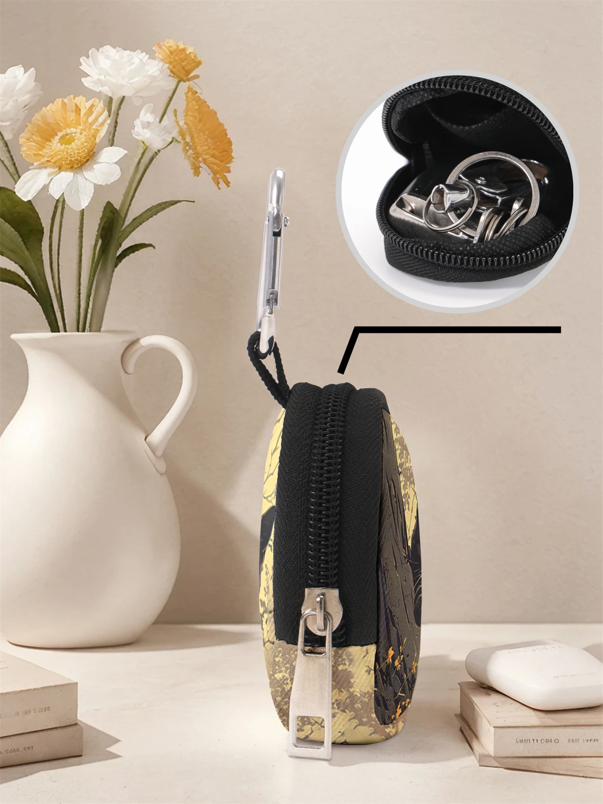 Black cat pattern printed mini wallet, zipper change bag with hook clip, headphone key bag, suitable for men and women