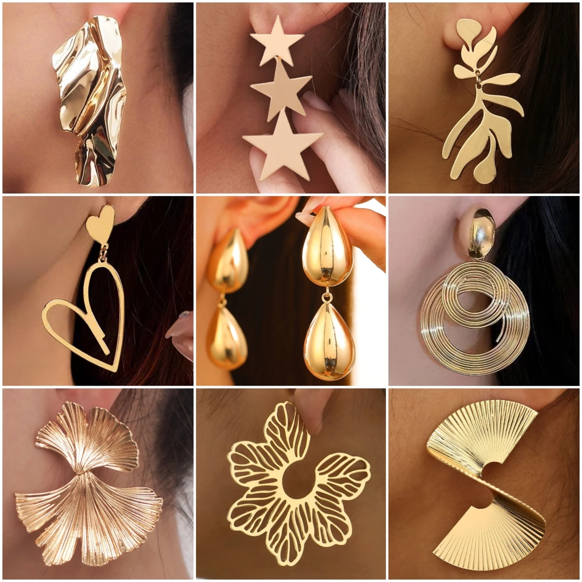 Trendy Twist Metal Statement Drop Earrings for Women Flower Square Star Leaf Water Droplet Round Dangle Earrings Big Jewelry