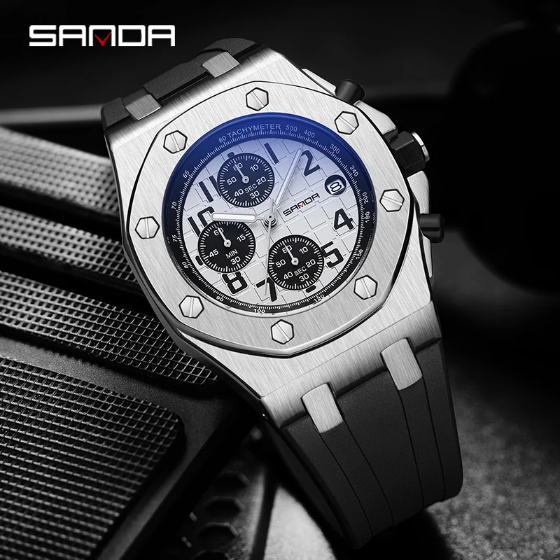 2023 New Nightlight Three Eyes Six Needle Quartz Watch Fashion Trend Multifunctional Timing Calendar Digital SADNA 7029 Watch