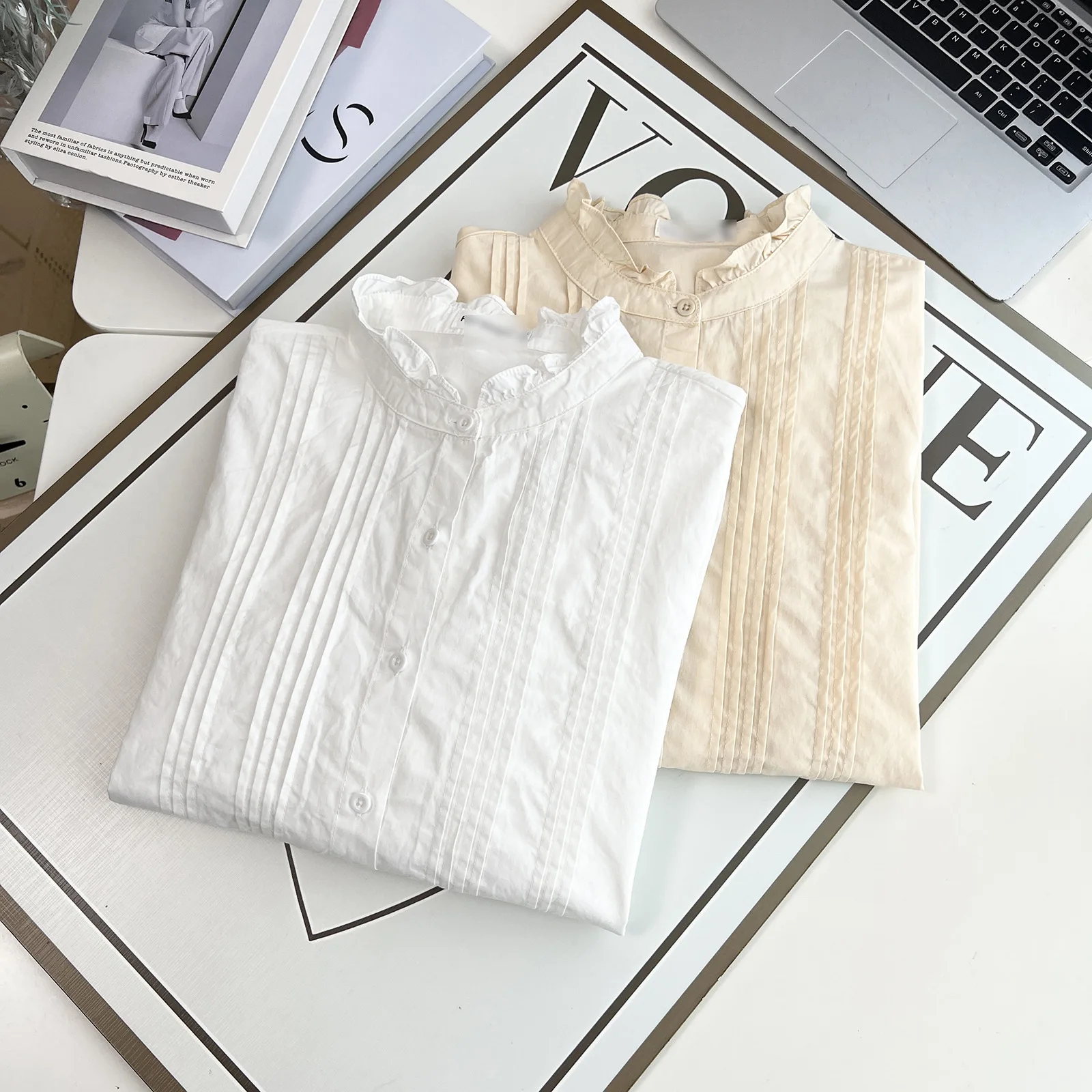 Plus Size Women's Blouses 2025 Autumn New Style Ruffled Collar Long Sleeved Shirt Casual Cotton Organ Fold Tops 9091