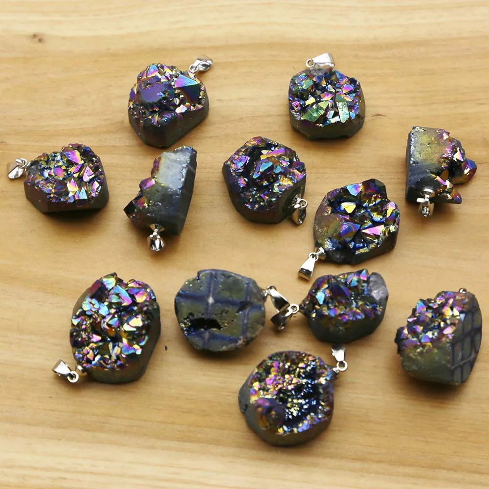 Natural Raw Ore Stone Irregular Crystal Cluster Electroplated Colorful Pendant Necklace Jewelry Accessories Gift Wholesale 12Pcs