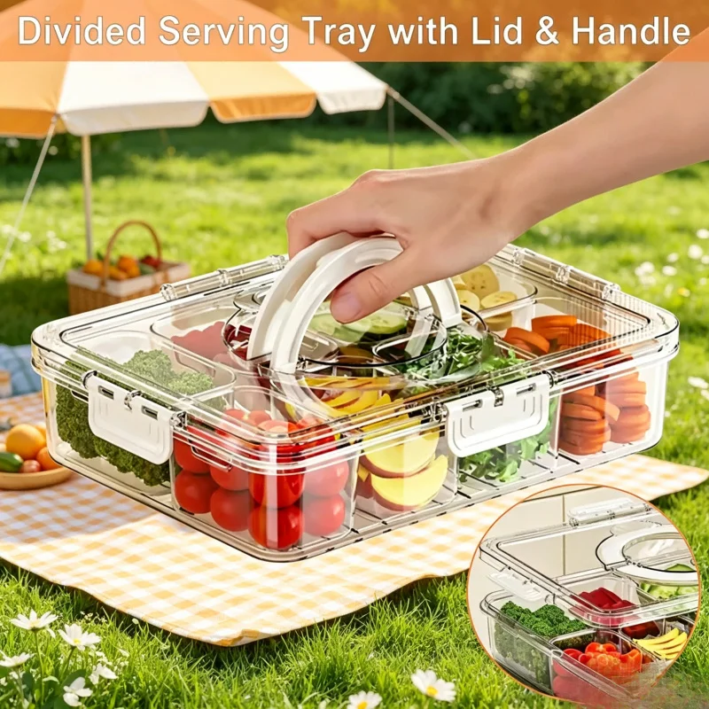 Portable Clear Veggie Tray with Lid & Handle - Divided Spinner