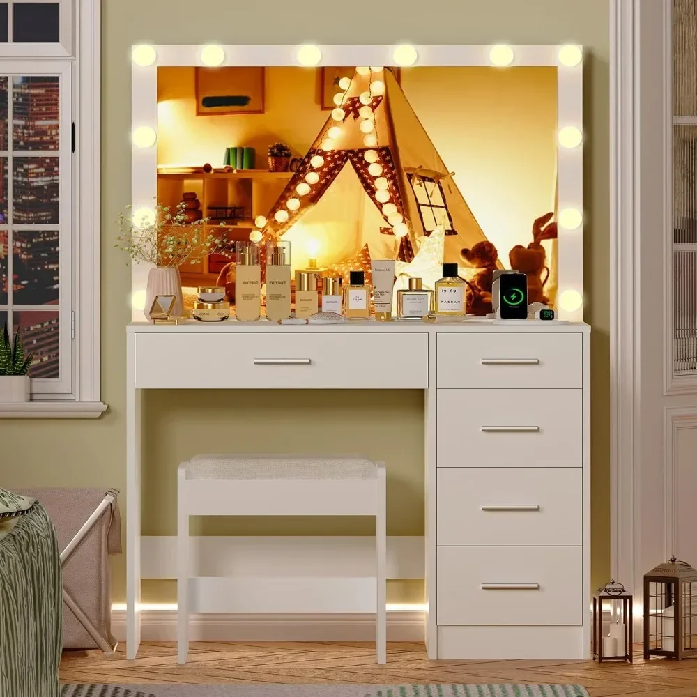 Vanity Desk Power Outlet Drawers Large Mirror Dressing Table Stool