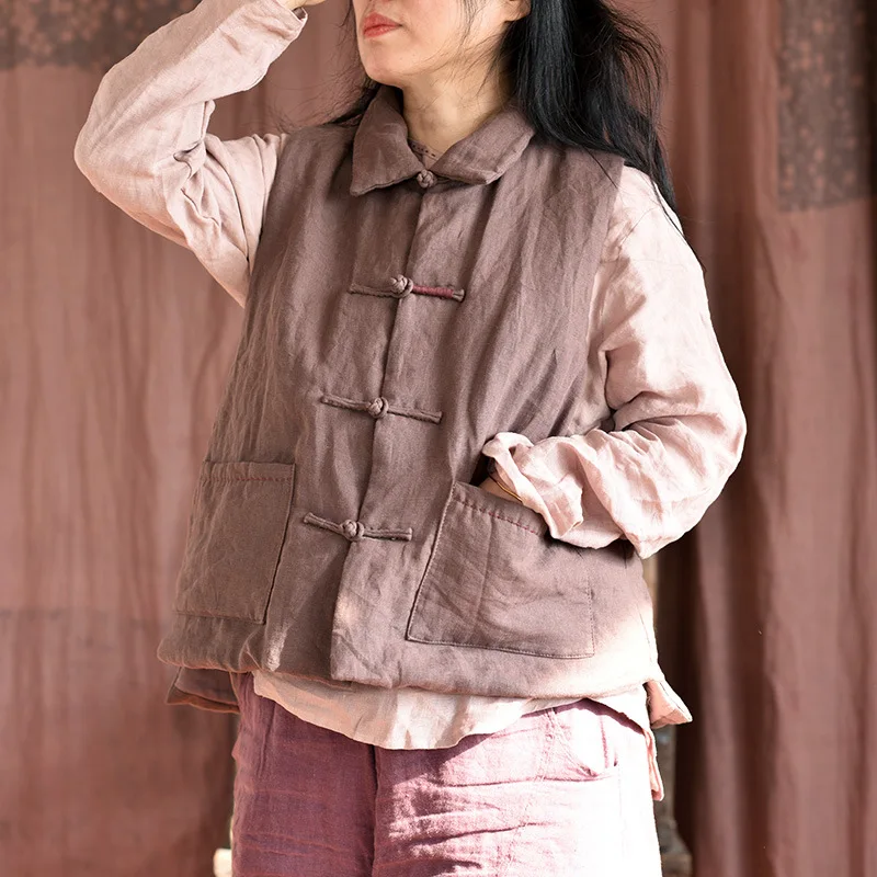 Women Loose Linen Solid Color Padded Vest Ladies Handmade Button Vests Female 2022 Autumn Winter