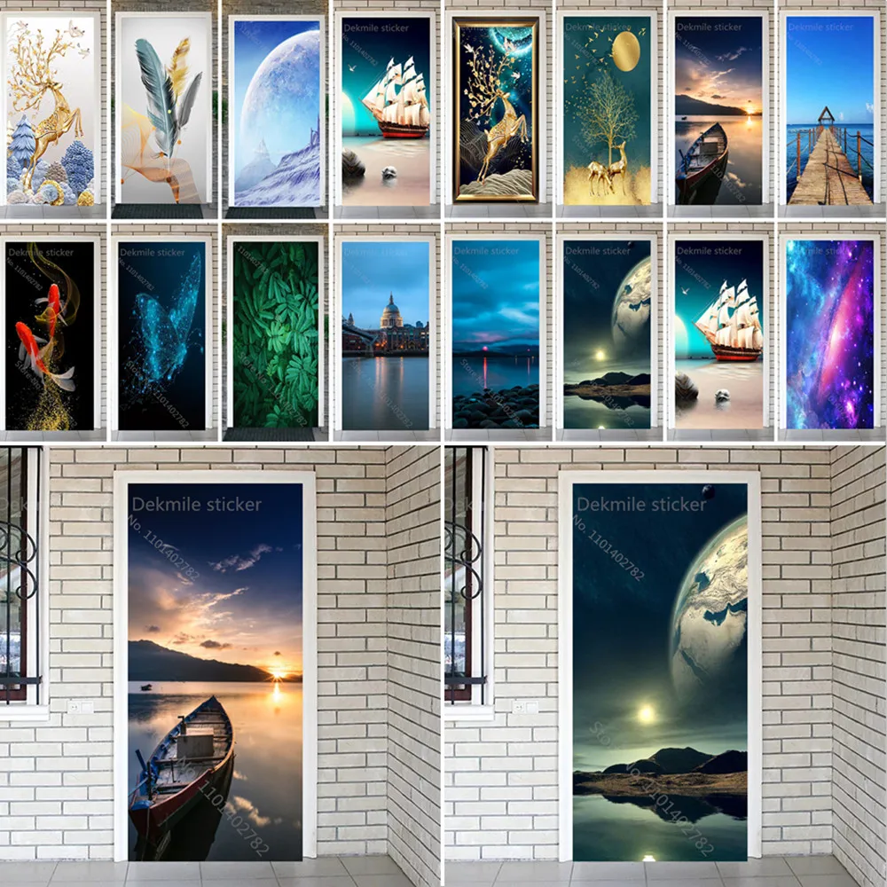 

Sunset Moon On Lake 3D Door Sticker Self Adhesive Waterproof Removable Corridor Bedroom Wallpaper Vinyl Decal Posters Home Decor